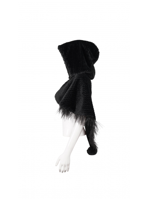Black Grain Plush Hooded Feather Edging Short Front And Long Back Gothic Cape