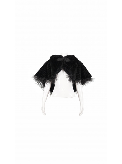 Black Grain Plush Hooded Feather Edging Short Front And Long Back Gothic Cape
