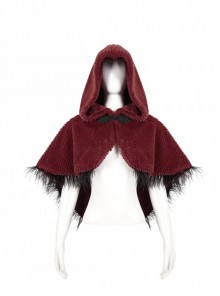 Red Grain Plush Hooded Feather Edging Short Front And Long Back Gothic Cape