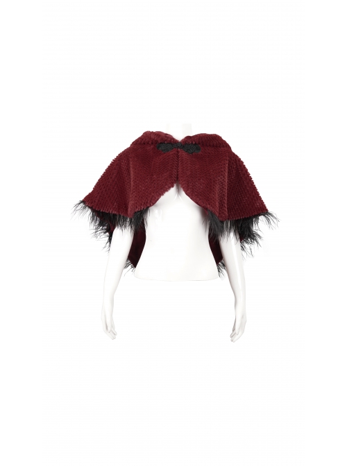 Red Grain Plush Hooded Feather Edging Short Front And Long Back Gothic Cape
