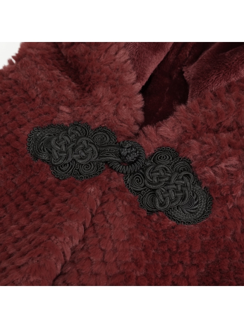 Red Grain Plush Hooded Feather Edging Short Front And Long Back Gothic Cape