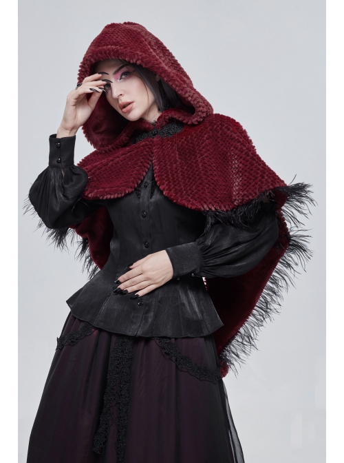 Red Grain Plush Hooded Feather Edging Short Front And Long Back Gothic Cape