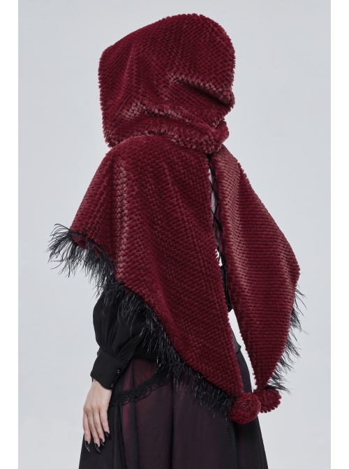 Red Grain Plush Hooded Feather Edging Short Front And Long Back Gothic Cape