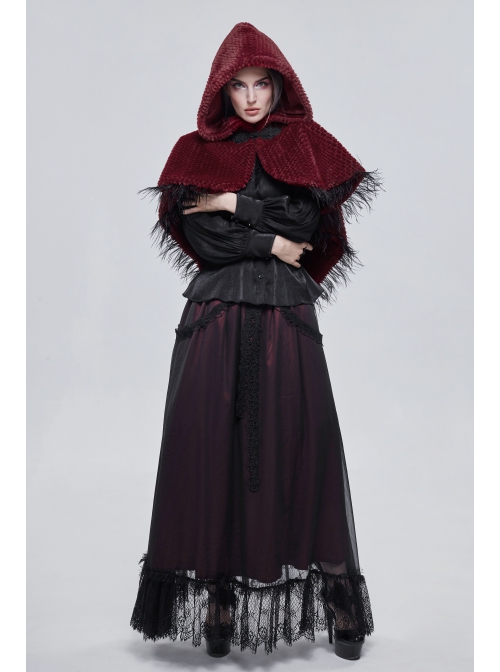 Red Grain Plush Hooded Feather Edging Short Front And Long Back Gothic Cape