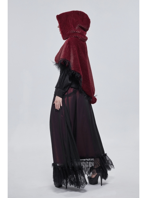 Red Grain Plush Hooded Feather Edging Short Front And Long Back Gothic Cape
