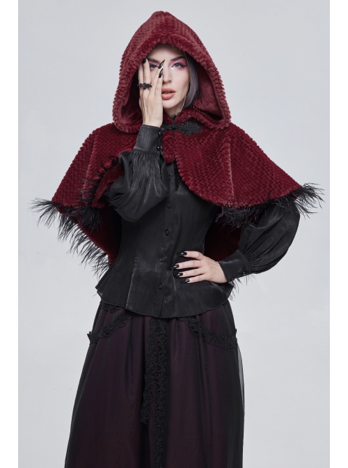 Red Grain Plush Hooded Feather Edging Short Front And Long Back Gothic Cape