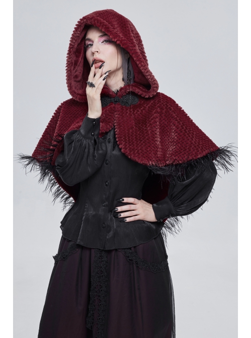 Red Grain Plush Hooded Feather Edging Short Front And Long Back Gothic Cape