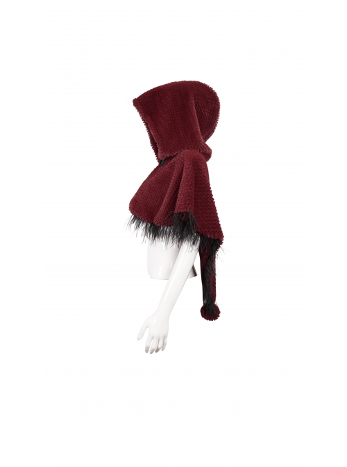 Red Grain Plush Hooded Feather Edging Short Front And Long Back Gothic Cape
