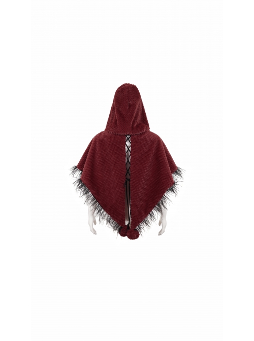 Red Grain Plush Hooded Feather Edging Short Front And Long Back Gothic Cape
