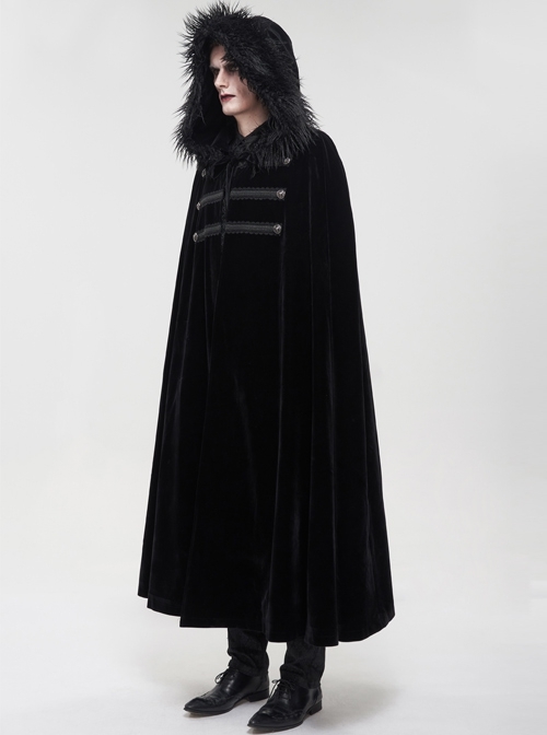 Black Gothic Fleece Collar Metal Buttons Long Cape