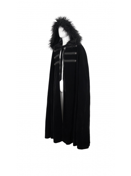 Black Gothic Fleece Collar Metal Buttons Long Cape