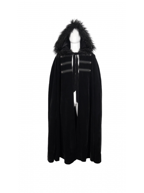 Black Gothic Fleece Collar Metal Buttons Long Cape