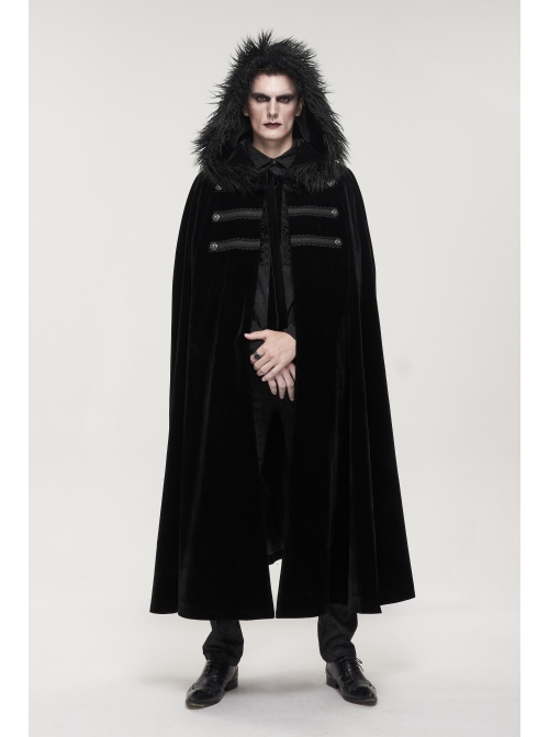 Black Gothic Fleece Collar Metal Buttons Long Cape