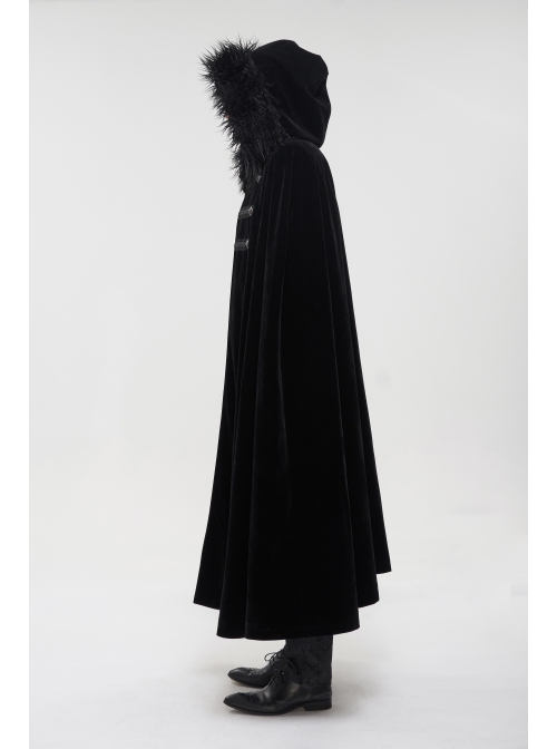 Black Gothic Fleece Collar Metal Buttons Long Cape