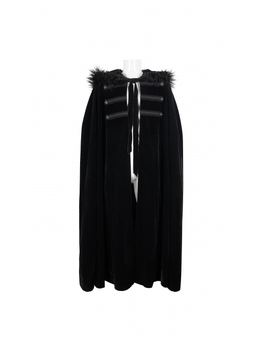 Black Gothic Fleece Collar Metal Buttons Long Cape