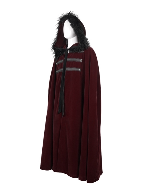 Wine Red Gothic Fleece Collar Metal Buttons Long Cape