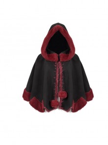 Black Gothic Petal-Shaped Double-Faced Contrast Women Wool Hooded Shawl