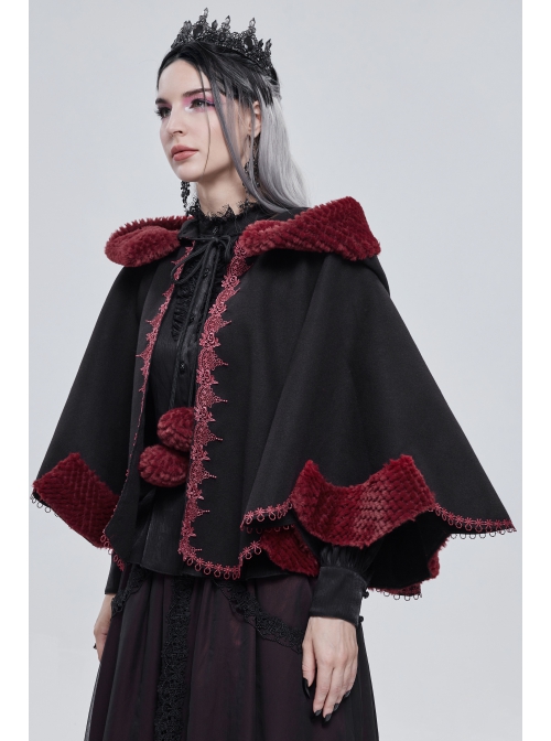 Black Gothic Petal-Shaped Double-Faced Contrast Women Wool Hooded Shawl