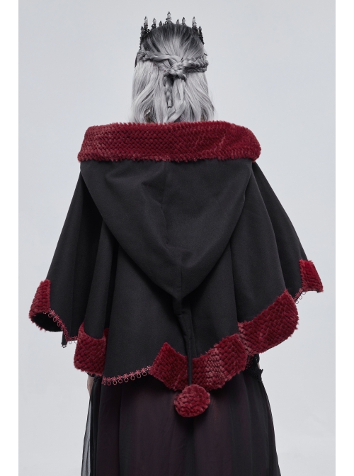 Black Gothic Petal-Shaped Double-Faced Contrast Women Wool Hooded Shawl