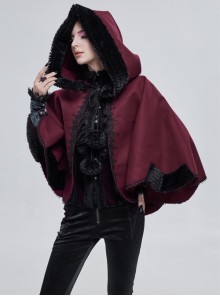Wine Red Gothic Petal-Shaped Double-Faced Contrast Women Wool Hooded Shawl