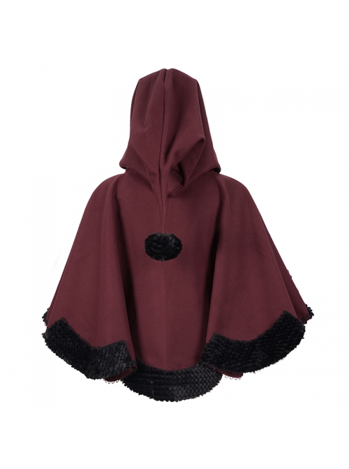 Wine Red Gothic Petal-Shaped Double-Faced Contrast Women Wool Hooded Shawl