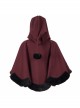 Wine Red Gothic Petal-Shaped Double-Faced Contrast Women Wool Hooded Shawl