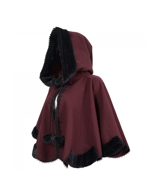 Wine Red Gothic Petal-Shaped Double-Faced Contrast Women Wool Hooded Shawl