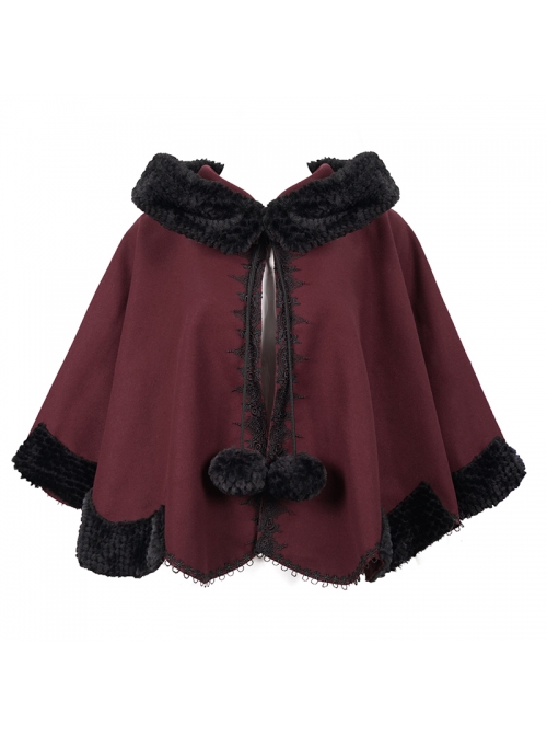 Wine Red Gothic Petal-Shaped Double-Faced Contrast Women Wool Hooded Shawl