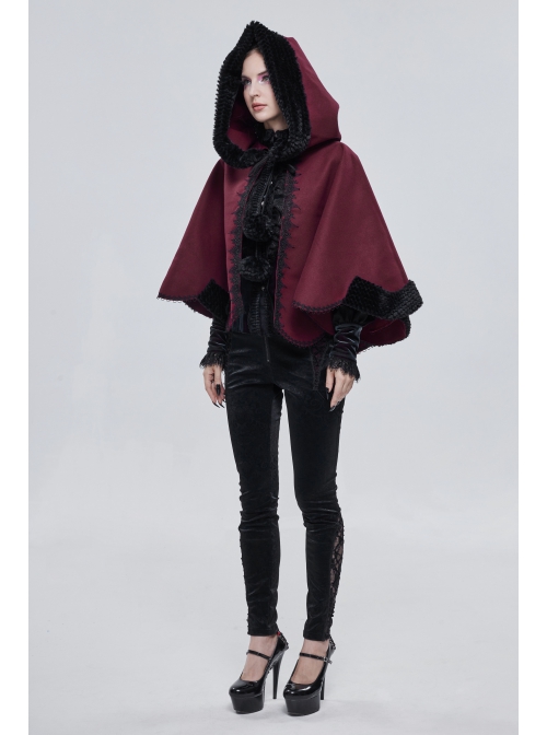 Wine Red Gothic Petal-Shaped Double-Faced Contrast Women Wool Hooded Shawl