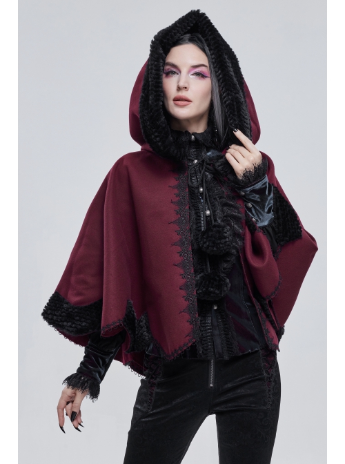 Wine Red Gothic Petal-Shaped Double-Faced Contrast Women Wool Hooded Shawl