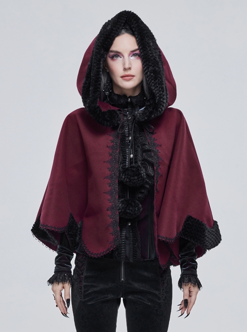 Wine Red Gothic Petal-Shaped Double-Faced Contrast Women Wool Hooded Shawl