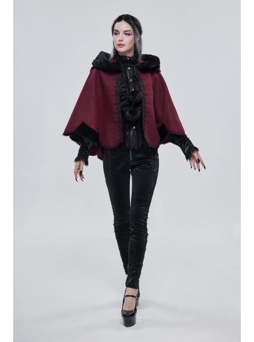 Wine Red Gothic Petal-Shaped Double-Faced Contrast Women Wool Hooded Shawl