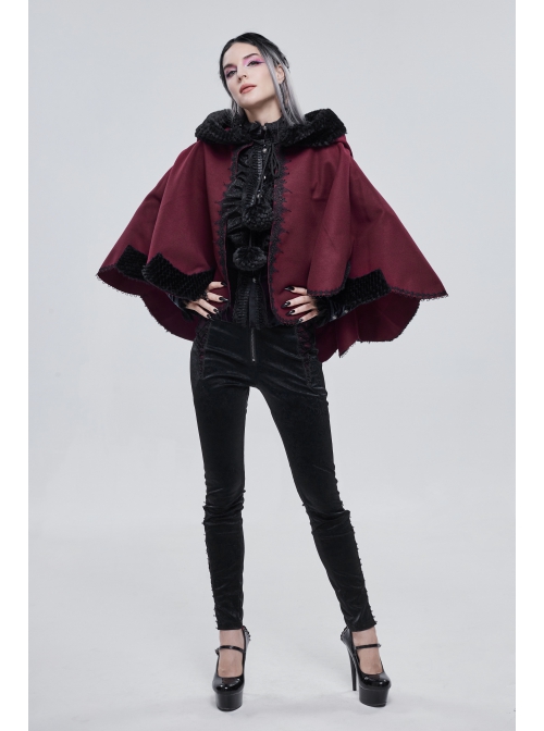 Wine Red Gothic Petal-Shaped Double-Faced Contrast Women Wool Hooded Shawl