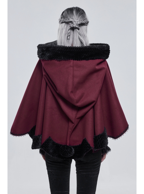 Wine Red Gothic Petal-Shaped Double-Faced Contrast Women Wool Hooded Shawl