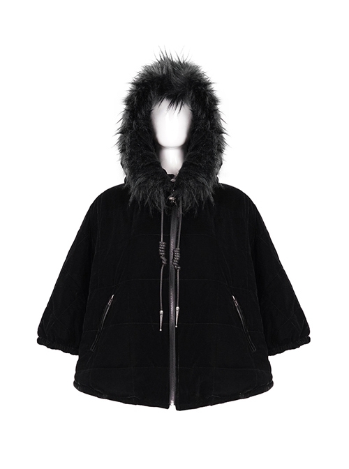 Quilted Black Velvet Collar Crescent Pendant Zipper Gothic Warm Short Shawl