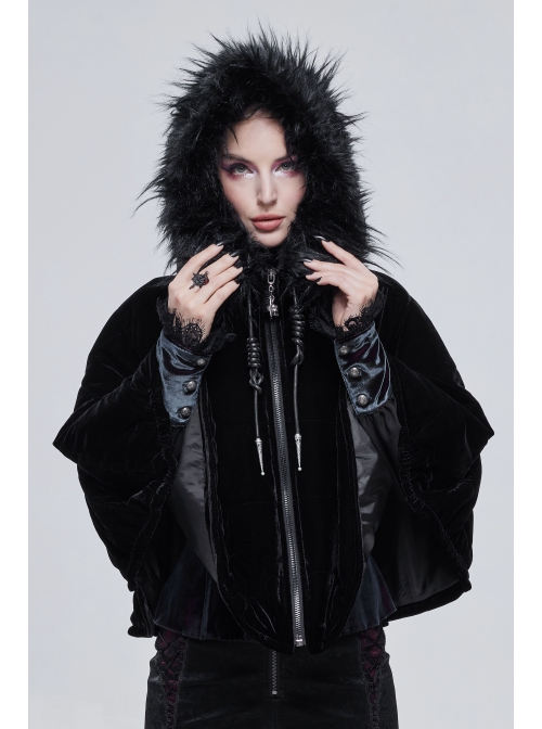 Quilted Black Velvet Collar Crescent Pendant Zipper Gothic Warm Short Shawl