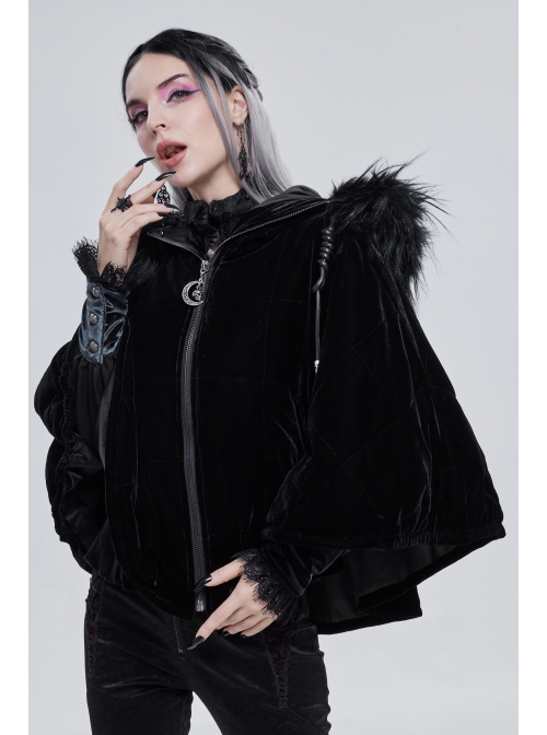 Quilted Black Velvet Collar Crescent Pendant Zipper Gothic Warm Short Shawl
