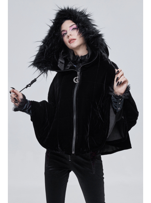 Quilted Black Velvet Collar Crescent Pendant Zipper Gothic Warm Short Shawl