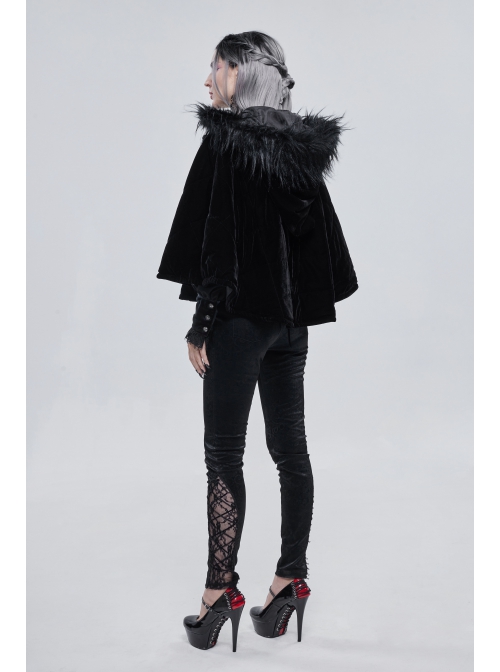 Quilted Black Velvet Collar Crescent Pendant Zipper Gothic Warm Short Shawl
