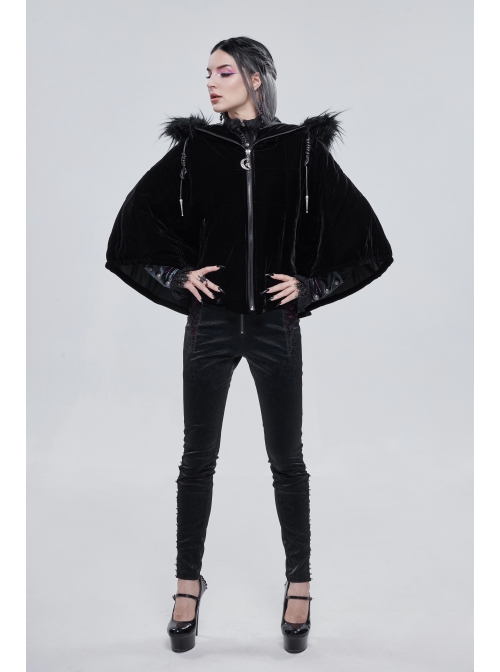 Quilted Black Velvet Collar Crescent Pendant Zipper Gothic Warm Short Shawl
