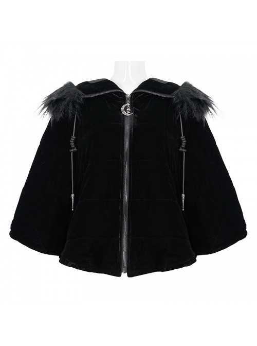 Quilted Black Velvet Collar Crescent Pendant Zipper Gothic Warm Short Shawl