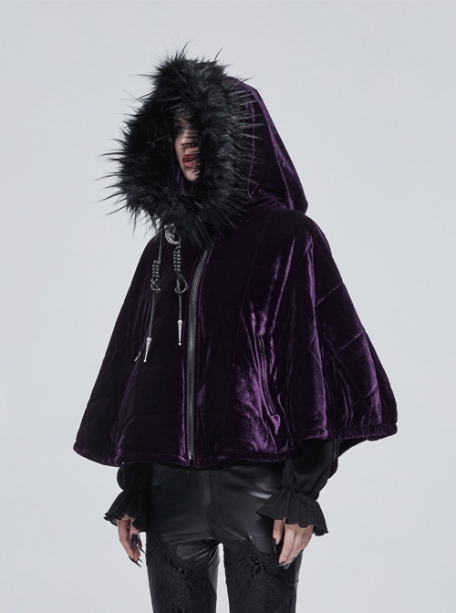 Quilted Purple Velvet Collar Crescent Pendant Zipper Gothic Warm Short Shawl