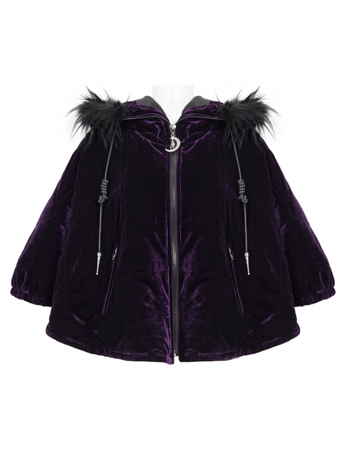 Quilted Purple Velvet Collar Crescent Pendant Zipper Gothic Warm Short Shawl