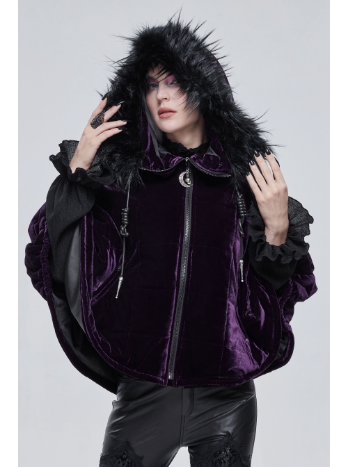Quilted Purple Velvet Collar Crescent Pendant Zipper Gothic Warm Short Shawl