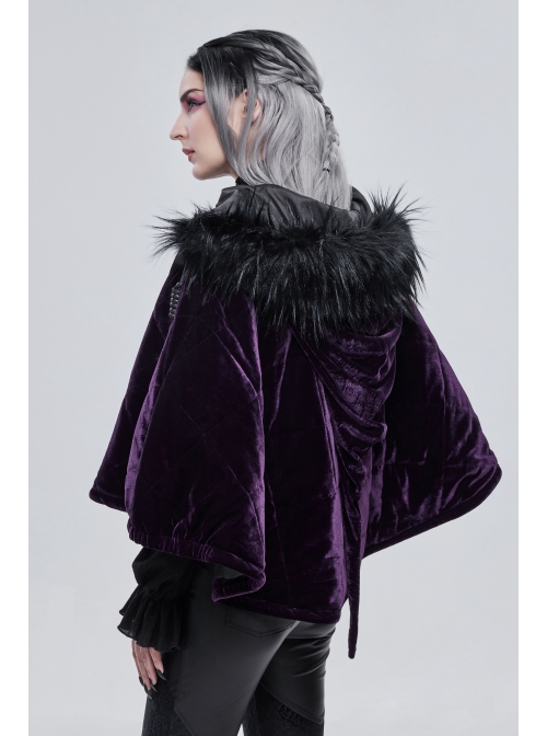 Quilted Purple Velvet Collar Crescent Pendant Zipper Gothic Warm Short Shawl