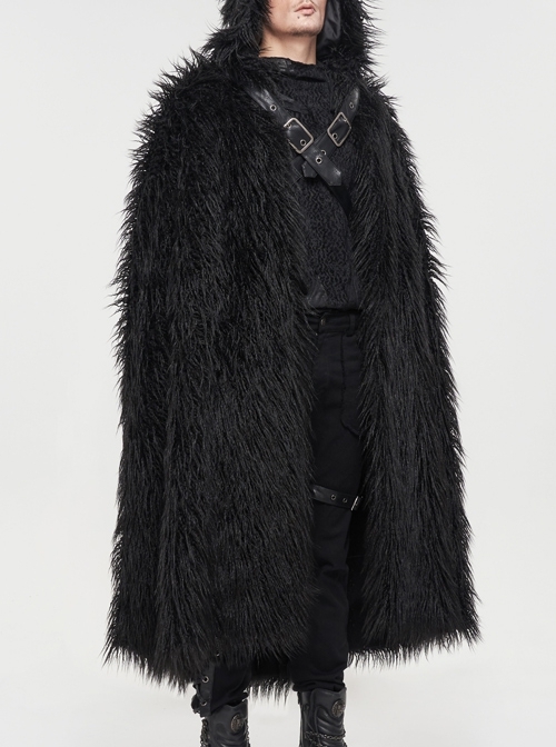 Black Long Curly Wool Plush Front Cross Punk Men Hooded Cloak