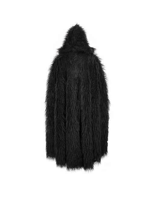 Black Long Curly Wool Plush Front Cross Punk Men Hooded Cloak