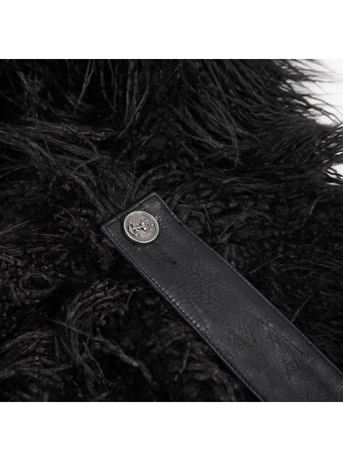 Black Long Curly Wool Plush Front Cross Punk Men Hooded Cloak