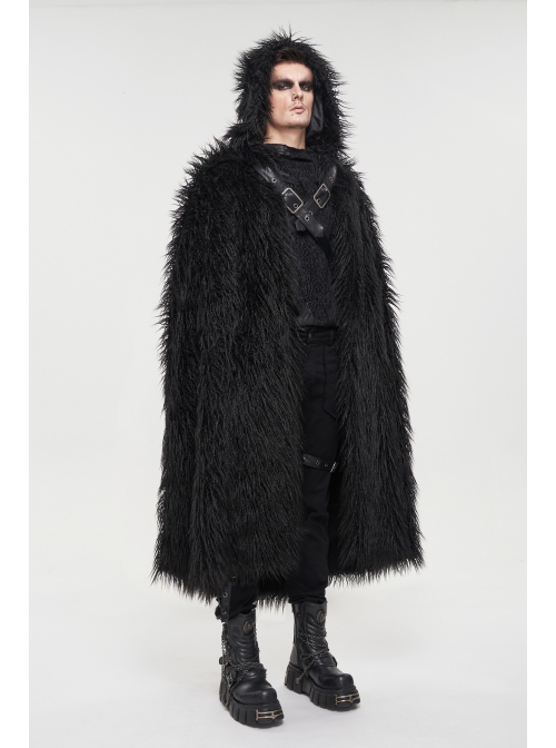 Black Long Curly Wool Plush Front Cross Punk Men Hooded Cloak