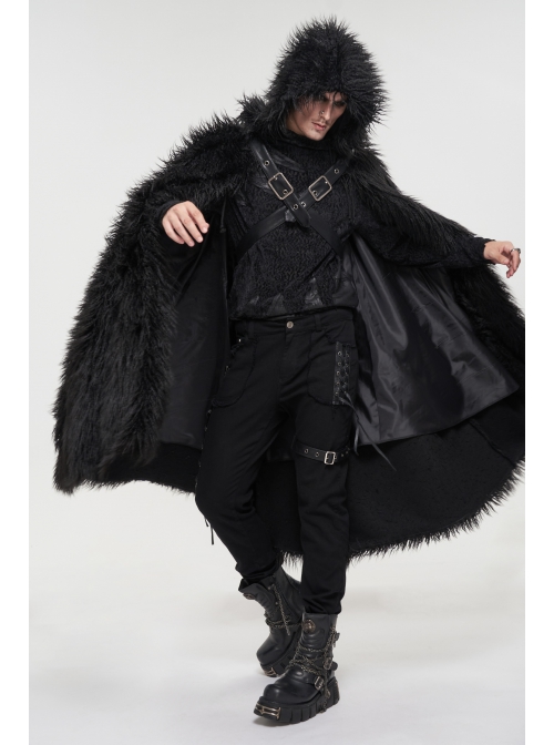 Black Long Curly Wool Plush Front Cross Punk Men Hooded Cloak